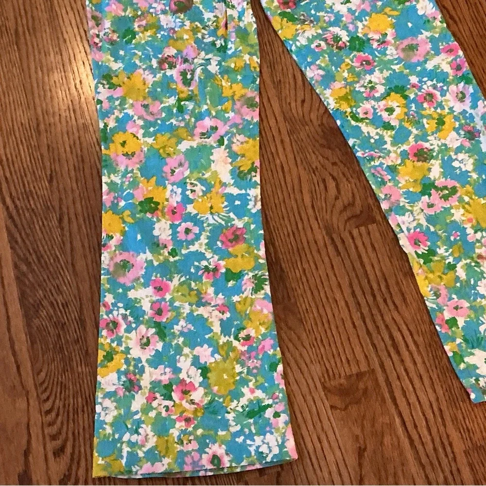 Zara Floral Print Stretch‎ Pants Size 2 NWT Straight Leg Linen Blend Boho Resort